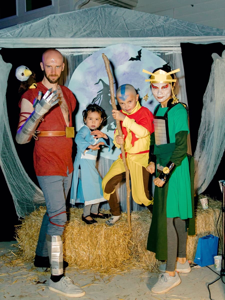 The founding family in coordinated Avatar: The Last Airbender Halloween costumes.